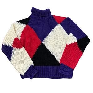 Vtg Acrylic Turtleneck Sweater Womens Medium Chunky Knit Colorblock Purple Red